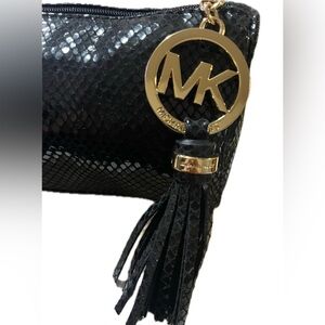 Michael Kors Black Textured Faux Snakeskin Clutch with Tassel & Charm